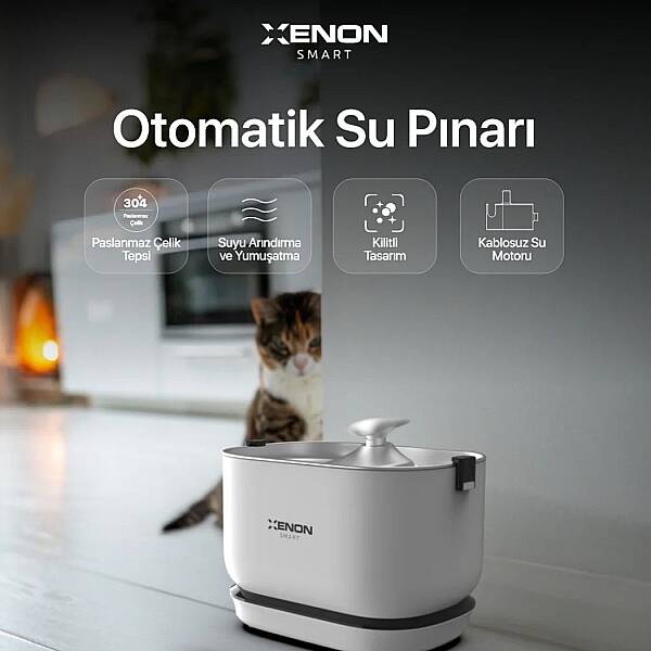 Kedi Su Pınarı | Kablosuz, 5200 mAh, Çelik Su Tepsili, Sensörlü, 2.5Lt, Su Çeşmesi (X8652) - 2