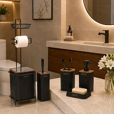 Kosova Kare Wc Kağıtlık 6lı Set Ahşap/Siyah (OKY-1801) - 1