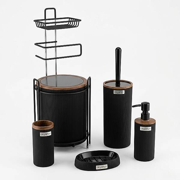 Kosova Yuvarlak Wc Kağıtlık 6lı Set Ahşap/Siyah (OKY-1811) - 1