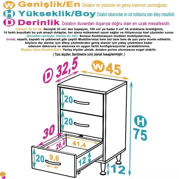 Modilayn SÖKE 3'lü 45cm Çekmece Çok Amaçlı Banyo, Mutfak Dolabı Beyaz (103-B3Ç_B_45) - 4