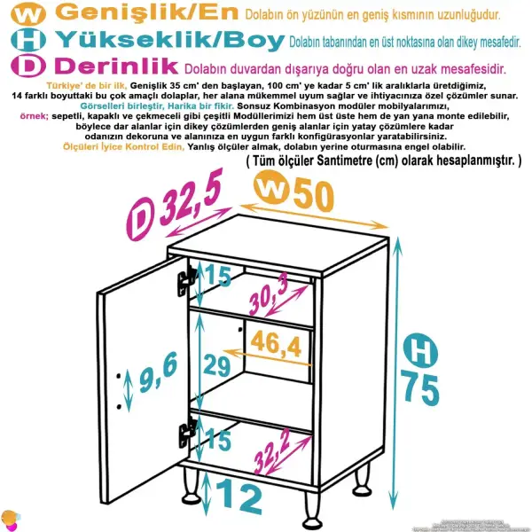 Modilayn SÖKE 50cm 1 Kapaklı 3 Göz Raf Çok Amaçlı Banyo, Mutfak Dolabı Beyaz (103-B1K_2R_B_50) - 4