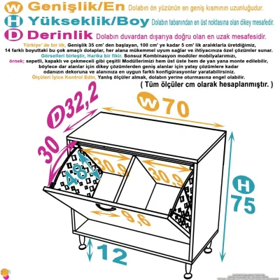 Modilayn SÖKE 70cm 2 Göz Sepetli Mini Çok Amaçlı Banyo, Mutfak Dolabı Beyaz (103-B2S_B_70) - 4