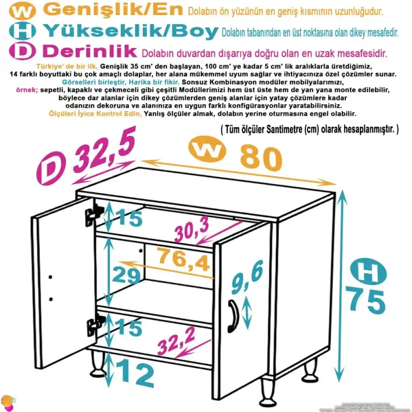 Modilayn SÖKE 80cm 2 Kapaklı 3 Göz Raf Çok Amaçlı Banyo, Mutfak Dolabı Beyaz (103-B2K_2R_B_80) - 4