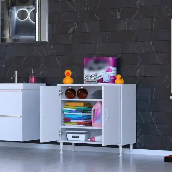 Modilayn SÖKE 80cm 2 Kapaklı 3 Göz Raf Çok Amaçlı Banyo, Mutfak Dolabı Beyaz (103-B2K_2R_B_80) - 1
