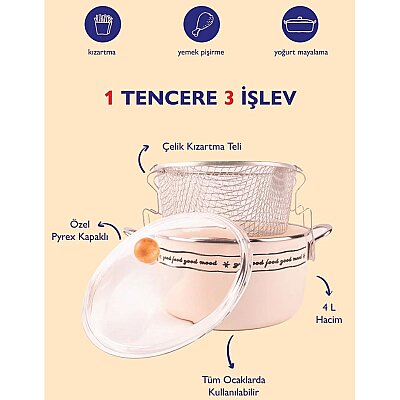 Mood Emaye Özel Pyrex Kapaklı Kızartma Tenceresi/ Fritöz (EMAY20) - 6