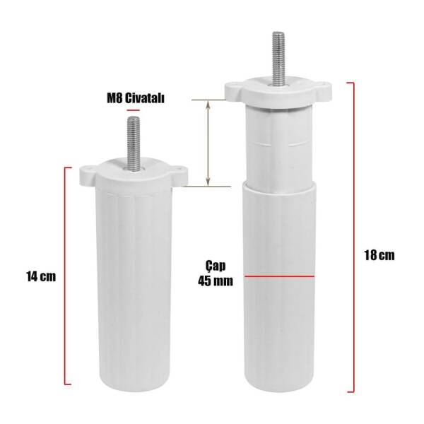 Nobel Ayarlı Koltuk Destek Ayağı Beyaz M8 Bağlantılı Ayak 14cm (1277-B) - 2