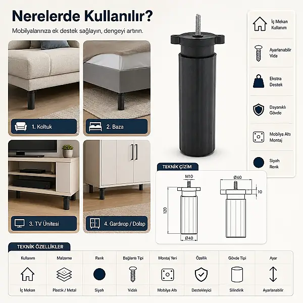 Nobel Ayarlı Koltuk Destek Ayağı Siyah M8 Bağlantılı Ayak 14cm (1277-S) - 4