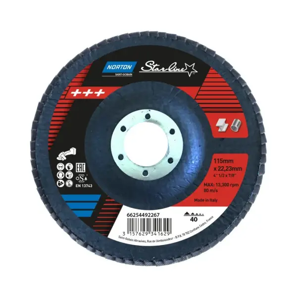 Norton 115*22 mm Starline Flap Disk ZR 180Kum P180 -FLAP80ZR- (78072743064) - 1