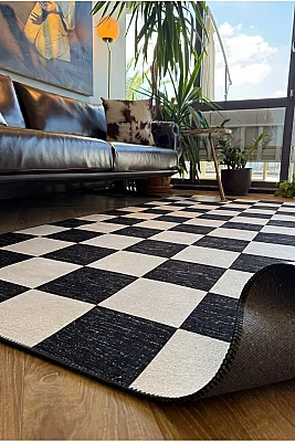 Odessa 501 Damalı Halı Siyah Krem Yıkanabilir Dokuma Taban İnce Halı Oturma Odası Salon Halısı 120x200 - Arteluna Home (1)