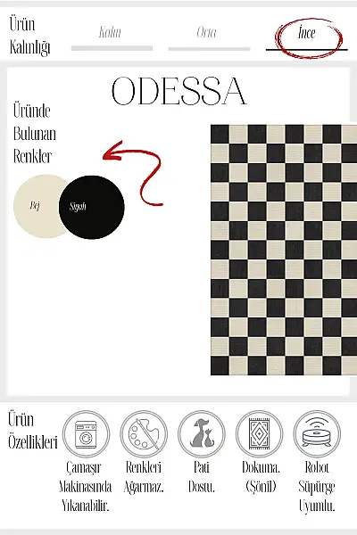 Odessa 501 Damalı Halı Siyah Krem Yıkanabilir Dokuma Taban İnce Halı Oturma Odası Salon Halısı 120x200 - 5