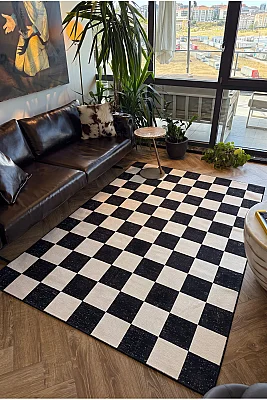 Odessa 501 Damalı Halı Siyah Krem Yıkanabilir Dokuma Taban İnce Halı Oturma Odası Salon Halısı 120x200 - 6