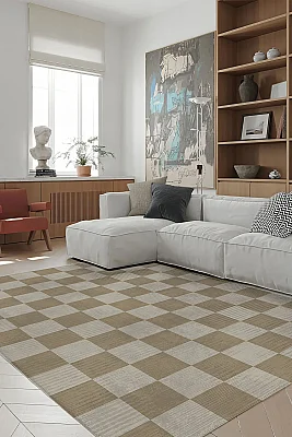 Odessa 502 Damalı Halı Bej Krem Yıkanabilir Dokuma Taban İnce Halı Oturma Odası Salon Halısı 120x200 - Arteluna Home (1)