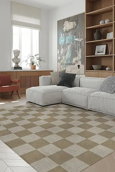 Odessa 502 Damalı Halı Bej Krem Yıkanabilir Dokuma Taban İnce Halı Oturma Odası Salon Halısı 120x200 - 2