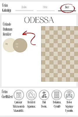 Odessa 502 Damalı Halı Bej Krem Yıkanabilir Dokuma Taban İnce Halı Oturma Odası Salon Halısı 120x200 - 3