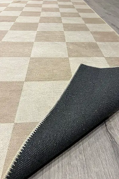 Odessa 502 Damalı Halı Bej Krem Yıkanabilir Dokuma Taban İnce Halı Oturma Odası Salon Halısı 120x200 - 6