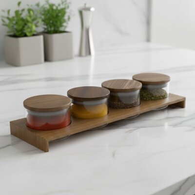 Pelikan Çekmece İçi Ahşap Baharatlık 4 Büyük Cam Kavanoz (C11012AD) - Pelikan