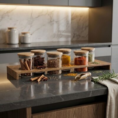 Pelikan Çekmece İçi Ahşap Baharatlık Elit 6 Cam Kavanoz Koyu Meşe (E10011AD) - Pelikan