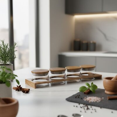 Pelikan Çekmece İçi Ahşap Baharatlık Koyu Meşe 4 Cam Kavanoz (E10012AD) - Pelikan