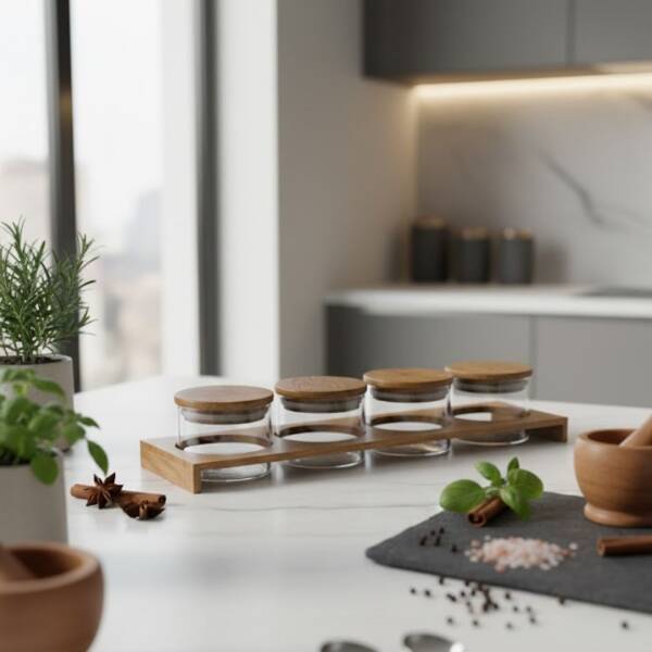 Pelikan Çekmece İçi Ahşap Baharatlık Koyu Meşe 4 Cam Kavanoz (E10012AD) - 1