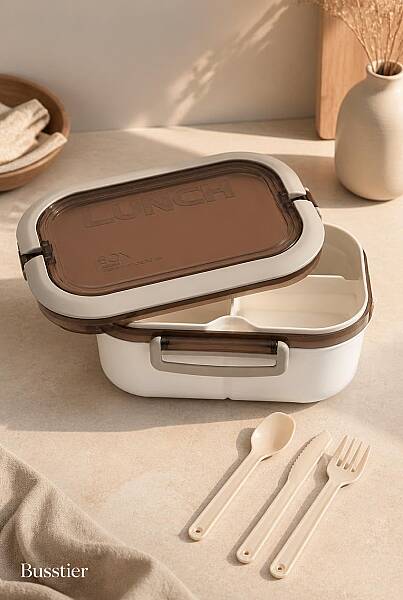Plastik Beyaz Lunchbox 2 Katlı 6 Bölmeli Sefer Tası, Yemek Kutusu 1200 Ml (AMZ44) - 1