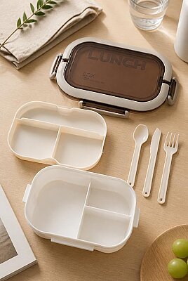 Plastik Beyaz Lunchbox 2 Katlı 6 Bölmeli Sefer Tası, Yemek Kutusu 1200 Ml (AMZ44) - 3