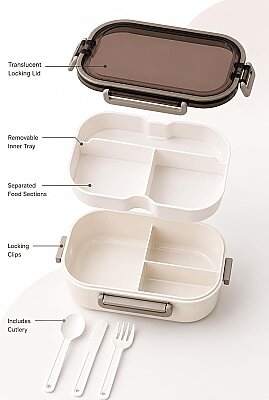 Plastik Beyaz Lunchbox 2 Katlı 6 Bölmeli Sefer Tası, Yemek Kutusu 1200 Ml (AMZ44) - 5