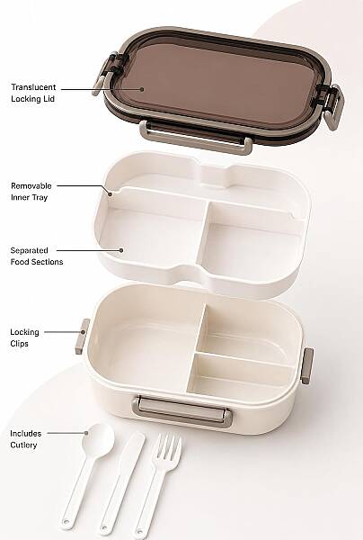 Plastik Beyaz Lunchbox 2 Katlı 6 Bölmeli Sefer Tası, Yemek Kutusu 1200 Ml (AMZ44) - 5