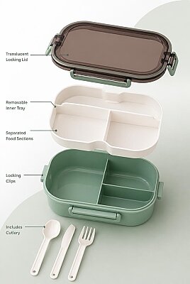 Plastik Yeşil Lunchbox 2 Katlı 6 Bölmeli Sefer Tası, Yemek Kutusu 1200 Ml - 2