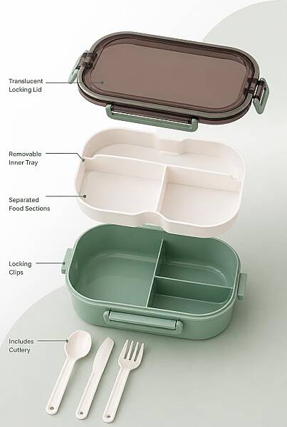 Plastik Yeşil Lunchbox 2 Katlı 6 Bölmeli Sefer Tası, Yemek Kutusu 1200 Ml - 2