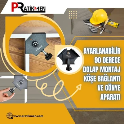 Pratikmen Ayarlanabilir 90 Derece Dolap Montaj Köşe Bağlantı ve Gönye Aparatı (SL0518) - 1