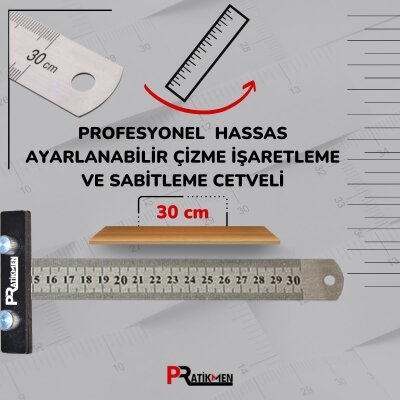 Pratikmen Profesyonel Hassas Ayarlanabilir Çizme, İşaretleme ve Sabitleme Cetveli 30 cm (SL0525) - 1