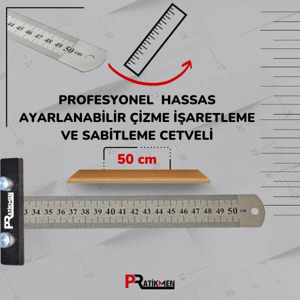 Pratikmen Profesyonel Hassas Ayarlanabilir Çizme, İşaretleme ve Sabitleme Cetveli 50 cm (SL0524) - 3