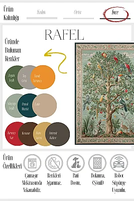 Rafel 900 Ağaç Botanik Çiçekli Halı Yıkanabilir İnce Dokuma Taban Yolluk Salon Oturma Odası Halısı 120x200 - 3