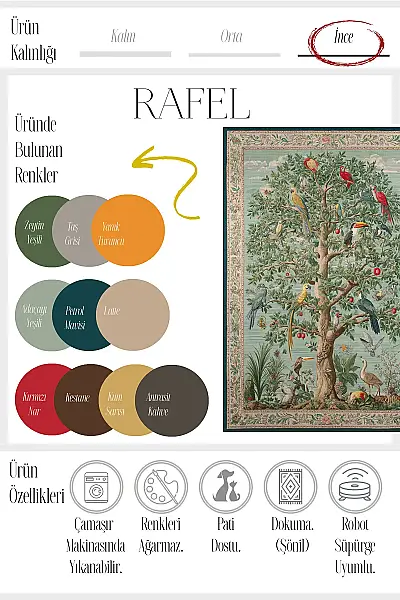 Rafel 900 Ağaç Botanik Çiçekli Halı Yıkanabilir İnce Dokuma Taban Yolluk Salon Oturma Odası Halısı 120x200 - 3