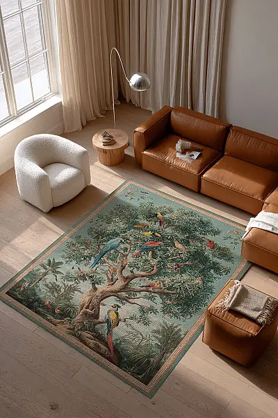 Rafel 901 Mavi Yeşil Ağaç Çiçekli Halı Yıkanabilir İnce Dokuma Yolluk Salon Oturma Odası Halısı 120x200 - 2