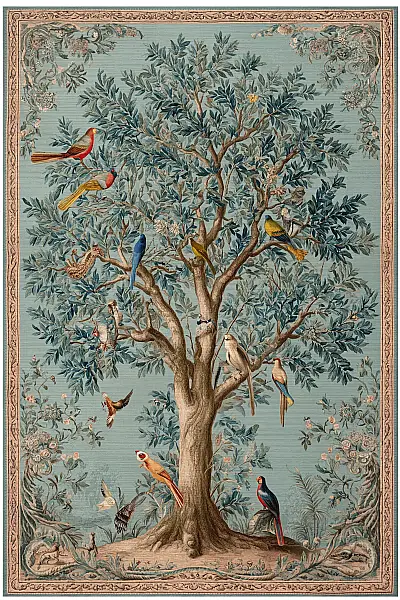 Rafel 902 Mavi Yeşil Ağaç Çiçekli Halı Yıkanabilir İnce Dokuma Yolluk Salon Oturma Odası Halısı 120x200 - 1