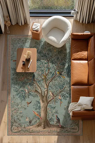 Rafel 902 Mavi Yeşil Ağaç Çiçekli Halı Yıkanabilir İnce Dokuma Yolluk Salon Oturma Odası Halısı 120x200 - 2