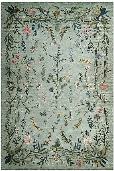 Rafel 904 Yeşil Çiçekli Halı Tasarım Halı Yıkanabilir İnce Dokuma Yolluk Salon Oturma Odası Halısı 120x200 - 1