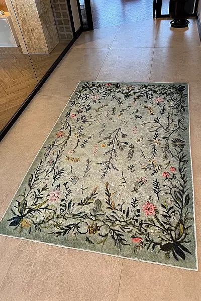 Rafel 904 Yeşil Çiçekli Halı Tasarım Halı Yıkanabilir İnce Dokuma Yolluk Salon Oturma Odası Halısı 120x200 - 2