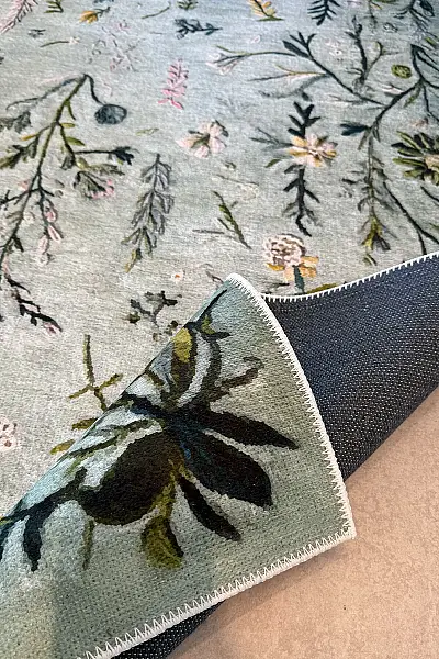 Rafel 904 Yeşil Çiçekli Halı Tasarım Halı Yıkanabilir İnce Dokuma Yolluk Salon Oturma Odası Halısı 120x200 - 3