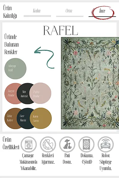 Rafel 904 Yeşil Çiçekli Halı Tasarım Halı Yıkanabilir İnce Dokuma Yolluk Salon Oturma Odası Halısı 120x200 - 4