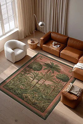 Rafel 905 Pembe Yeşil Palmiyeli Halı Tasarım Halı Yıkanabilir İnce Dokuma Salon Oturma Odası Halısı 120x200 - Arteluna Home (1)