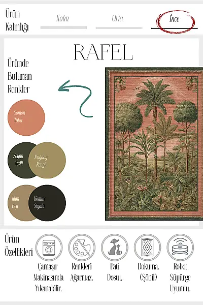 Rafel 905 Pembe Yeşil Palmiyeli Halı Tasarım Halı Yıkanabilir İnce Dokuma Salon Oturma Odası Halısı 120x200 - 3
