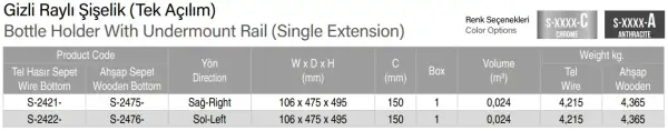 Starax 15cm Gizli Raylı Şişelik (Tek Açılım) Ahşap Krom Renk Sağ Yön (S-2475-C) - 3