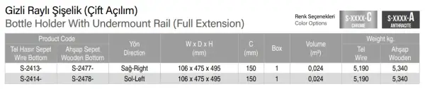 Starax 15cm Gizli Raylı Şişelik Ahşap Sepetli (Çift Açılım) Krom Renk Sağ Yön (S-2477-C) - 3