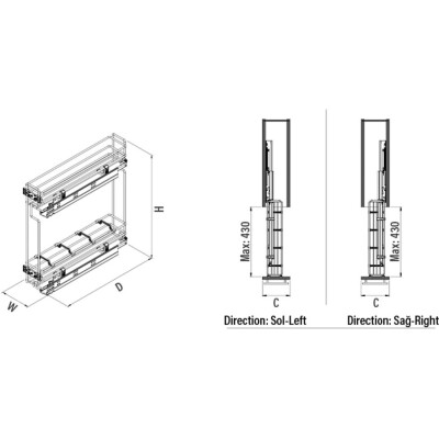 Starax 15cm Gizli Raylı Şişelik Ahşap Sepetli (Çift Açılım) Krom Renk Sağ Yön (S-2477-C) - 4