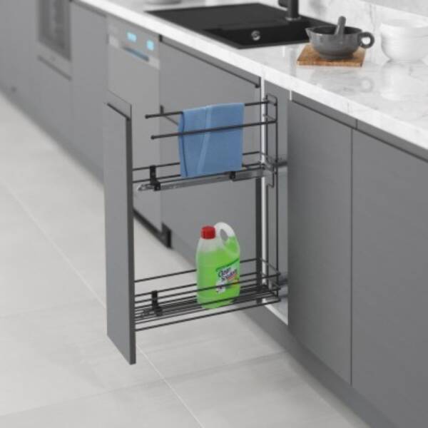 Starax 20cm Gizli Raylı Havlu Askılı Deterjanlık (Çift Açılım) Antrasit Renk Sağ Yön (S-2524-A) - 1