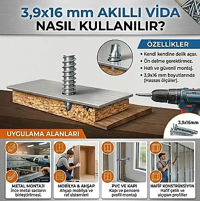 Sese 3.9*16 Akıllı Vida YHB Yıldız Havşa Başlı Matkap Uçlu Vida (VID18) - SESE (1)