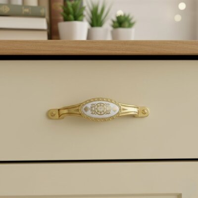 Tomurcuk Porselen Mobilya Kulbu Altın Beyaz 96mm Kulp (198-02-96-16) - Tomurcuk Porselen