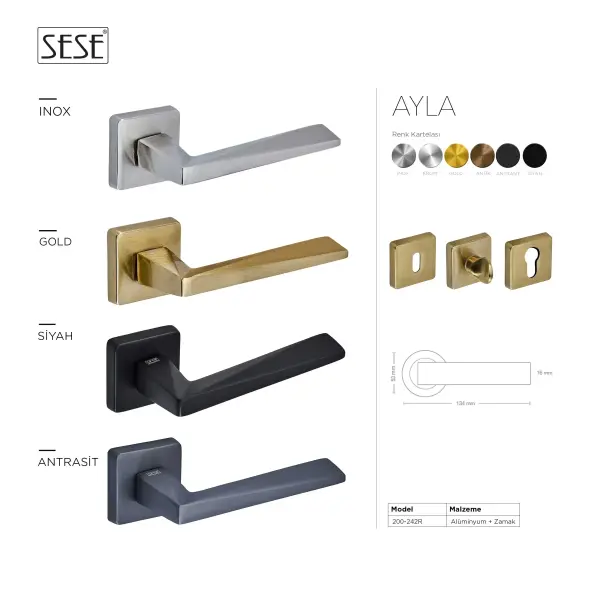 Sese Ayla Modeli Kare Rozetli Oda Kapı Kolu Antrasit (200-242R-01-54) - 3